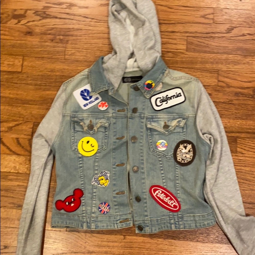 Patch button vintage hoodie jean jacket